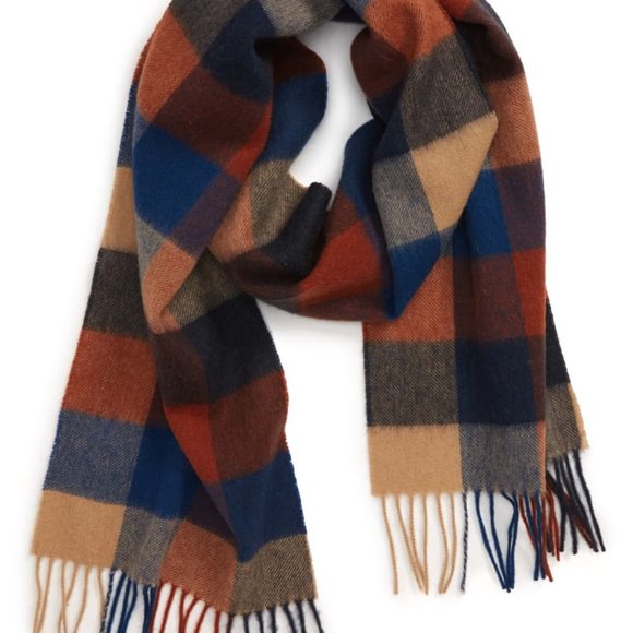 Barbour Tattersall Wool Scarf Large Navy Caramel - Picture 3 of 10